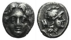 Pisidia, Selge, c. 350-300 BC. AR Obol (8mm, 0.97g, 12h). Facing gorgoneion. R/ Helmeted head of Athena r.; astralagos behind. SNG BnF 1934. VF