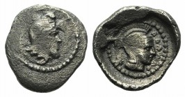 Dynasts of Lycia, Ddenewele (c. 420/10-400 BC). AR Obol (9mm, 0.62g, 5h). Head r., wearing Persian tiara. R/ Helemeted head of Athena r. within incuse...
