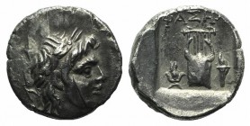 Lycian League, Phaselis, c. 167-100 BC. AR Drachm (14mm, 2.31g, 12h). Laureate head of Apollo r. R/ Lyre; headdress of Isis to l., torch to r. Troxell...