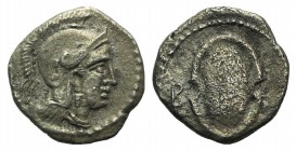 Cilicia, Tarsos. Balakros (Satrap of Cilicia, 333-323 BC). AR Obol (8.5mm, 0.58g, 6h). Helmeted head of Athena r. R/ Shield; B to l. SNG BnF 489; SNG ...