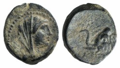 Seleukid Kings, Antiochos IV (175-164 BC). Æ (14mm, 3.20g, 12h). Antioch, c. 175-173/2. Veiled and diademed bust of Laodike IV r. R/ Head of elephant ...