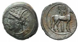 Carthage, c. 400-350 BC. Æ (16mm, 3.08g, 6h). Wreathed head of Tanit l. R/ Horse standing r. before palm tree. MAA 18; SNG Copenhagen 109-19. Good VF