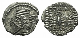 Kings of Parthia, Vologases III (c. AD 105-147). AR Drachm (19mm, 3.35g, 12h). Ekbatana. Diademed bust l. R/ Archer (Arsakes I) seated r. on throne, h...