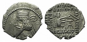 Kings of Parthia, Vologases III (c. AD 105-147). AR Drachm (19mm, 3.48g, 1h). Ekbatana. Diademed bust l. R/ Archer (Arsakes I) seated r. on throne, ho...