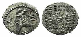 Kings of Parthia, Vologases III (c. AD 105-147). AR Drachm (20mm, 3.54g, 12h). Ekbatana. Diademed bust l. R/ Archer (Arsakes I) seated r. on throne, h...