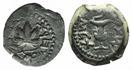 Judaea, Jewish War, 66-70 CE. Æ Prutah (18mm, 3.75g, 12h), year 2 (67/8). Amphora with broad rim and two handles. R/ Grape leaf on vine. Meshorer 196;...