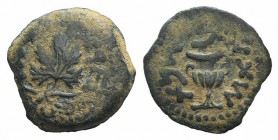 Judaea, Jewish War, 66-70 CE. Æ Prutah (18mm, 3.94g, 12h), year 2 (67/8). Amphora with broad rim and two handles. R/ Grape leaf on vine. Meshorer 196;...