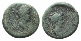 Julia Augusta (Livia) with Julia (Augusta, AD 14-29). Mysia, Pergamum. Æ (18mm, 4.86g, 12h). Charinos, grammateus. Draped bust of Livia (as Hera) r. R...