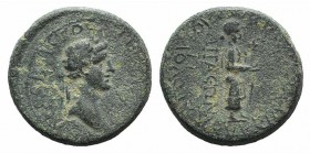 Claudius (41-54). Aeolis, Aegae. Æ (20mm, 4.90g, 12h). Apollodoros, magistrate. Laureate head r. R/ Apollo standing r., holding taenia and laurel bran...