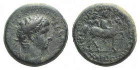 Claudius (41-54). Phrygia, Hierapolis. Æ (18mm, 5.96g, 12h). M. Suillios Antiochos, grammateus. Laureate head r. R/ Apollo on horseback r., holding la...
