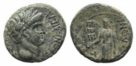 Nero (54-68). Lydia, Apollonoshieron. Æ (16.5mm, 3.52g, 12h). Laureate head r. R/ Apollo standing facing, head l., holding patera and lyre. RPC I 3045...