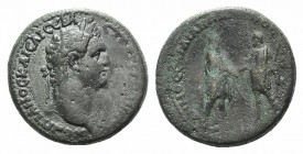 Domitian (81-96). Lydia, Sardis, Æ (25mm, 11.15g, 1h). Laureate head r. R/ Demos of Sardes standing r., clasping hands with demos of Smyrna standing l...