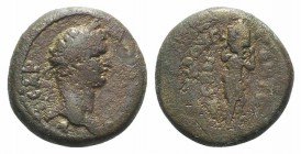 Domitian (81-96). Caria, Antioch ad Maeandrum. Æ (16mm, 4.14g, 1h). Ti. Kl. Aglaos Frougi, Epimeletheis. Laureate head r. R/ Liknophoros standing r. R...