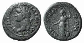 Domitian (81-96). Phrygia, Aezanis. Æ (20.5mm, 7.08g, 6h). Laureate head l. R/ Athena standing l., holding patera, spear and grounded shield. RPC II 1...