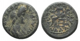 Domitia (Augusta, 82-96). Phrygia, Eumeneia. Æ (14mm, 3.08g, 12h). Kl. Terent. Hylla, high priest(ess?). Draped bust r. R/ Cybele seated l., holding p...