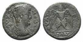 Commodus (177-192). Lydia, Thyateira. Æ (22mm, 6.87g, 12h). Laureate, draped and cuirassed bust r. R/ Eagle standing facing, head l., with wings displ...