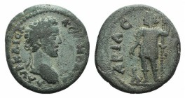 Commodus (177-192). Pisidia, Ariassus. Æ (19mm, 4.51g, 6h). Laureate head r. R/ Dionysus standing l., holding cantharus over panther and long thyrsus....