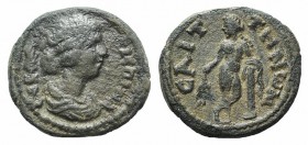 Crispina (Augusta, 178-182). Lydia, Saitta. Æ (17mm, 3.32g, 6h). Draped bust r. R/ Apollo standing l., with legs crossed, holding branch and leaning u...