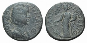 Julia Domna (Augusta, 193-217). Phrygia, Hadrianopolis-Sebaste. Æ (20mm, 5.20g, 6h). Draped bust r. R/ Tyche standing l., holding rudder on globe and ...