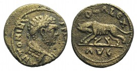 Caracalla (198-217). Troas, Alexandria. Æ (23mm, 8.13g, 7h). Laureate and cuirassed bust r. R/ Wolf standing l., suckling the twins Romulus and Remus....