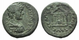 Caracalla (197-218). Pisidia, Claudiocaesarea? Æ (22mm, 8.17g, 12h). Laureate, draped and cuirassed bust r. R/ Tetrastyle temple containing serpent on...