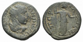 Elagabalus (218-222). Pamphylia, Perge. Æ (24mm, 8.64g, 12h). Radiate, draped and cuirassed bust r. R/ Artemis standing r., holding bow and long torch...