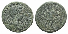 Valerian I (253-260). Aeolis, Cyme. Æ (28mm, 10.40g, 6h). Laureate, draped and cuirassed bust r. R/ Amazon Kyme standing facing, head l., holding trid...