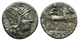 M. Calidius, Q. Metellus, and Cn. Fulvius, Rome, 117-116 BC. AR Denarius (18mm, 3.93g, 9h). Helmeted head of Roma r. R/ Victory driving biga r. Crawfo...
