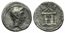 Augustus (27 BC-AD 14). AR Denarius (20mm, 3.57g, 7h). Uncertain Italian mint, c. 29-27 BC. Bare head r. R/ Temple with colonnaded base; Victory on gl...