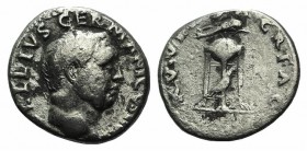 Vitellius (AD 69). AR Denarius (17mm, 3.28g, 6h). Rome, c. late April-20 December. Laureate head r. R/ Tripod-lebes surmounted by dolphin r.; below, r...