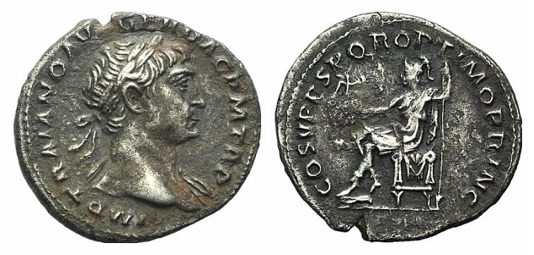 Trajan (98-117). AR Denarius (17mm, 3.41g, 6h), Rome, AD 108-9. Laureate head r....