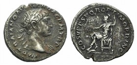 Trajan (98-117). AR Denarius (17mm, 3.41g, 6h), Rome, AD 108-9. Laureate head r., drapery on l. shoulder. R/ Roma seated l. on throne, holding Victory...