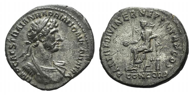 Hadrian (117-138). AR Denarius (19mm, 3.09g, 8h). Rome, AD 117. Laureate, draped...