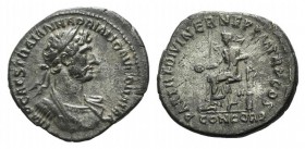 Hadrian (117-138). AR Denarius (19mm, 3.09g, 8h). Rome, AD 117. Laureate, draped and cuirassed bust r. R/ Concordia seated l., holding patera. RIC II ...