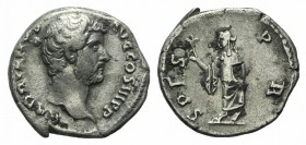 Hadrian (117-138). AR Denarius (17mm, 3.33g, 6h). Rome, c. 134-138. Bare head r. R/ Spes walking l., holding flower and raising hem of skirt. RIC II 2...