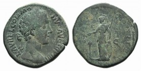 Commodus (177-192). Æ Sestertius (30mm, 23.55g, 6h). Rome, AD 179. Laureate head r. R/ Minerva standing l., dropping incense on altar and resting l. h...