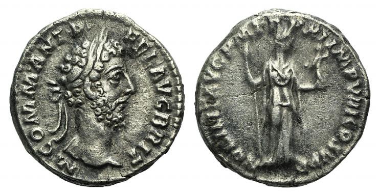 Commodus (180-192). AR Denarius (17mm, 3.43g, 1h). Rome, 186-7. Laureate head r....