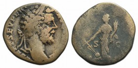 Septimius Severus (193-211). Æ Sestertius (27mm, 19.84g, 8h). Rome, 195-6. Laureate bust r., slight drapery. R/ Fortuna standing l., holding rudder se...