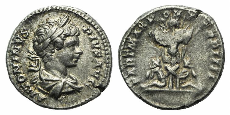 Caracalla (198-217). AR Denarius (18mm, 3.44g, 6h). Rome, AD 201. Laureate and d...