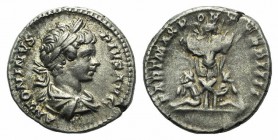Caracalla (198-217). AR Denarius (18mm, 3.44g, 6h). Rome, AD 201. Laureate and draped bust r. R/ Trophy; bound captive seated to l. and r. RIC IV 54b;...