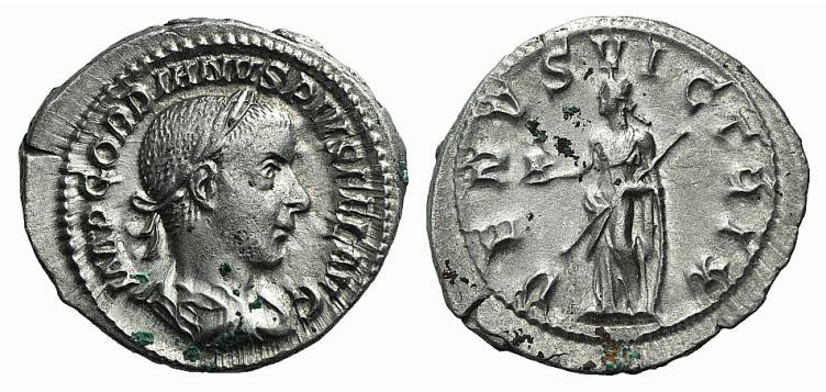 Gordian III (238-244). AR Denarius (20mm, 3.20g, 6h). Rome, AD 240. Laureate, dr...