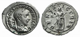 Gordian III (238-244). AR Denarius (20mm, 3.20g, 6h). Rome, AD 240. Laureate, draped and cuirassed bust r. R/ Venus standing l., holding helmet and sc...