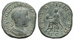 Gordian III (238-244). Æ Sestertius (30mm, 21.17g,12h). Rome, AD 240. Laureate, draped and cuirassed bust r. R/ Gordian seated l. on curule chair, hol...