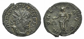Postumus (260-269). AR Antoninianus (21mm, 3.68g, 6h). Treveri, 263-5. Radiate, draped and cuirassed bust r. R/ Moneta standing l., holding scales and...