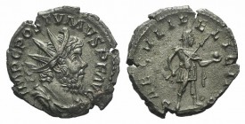 Postumus (260-269). AR Antoninianus (19mm, 2.71g, 12h). Treveri, 266-7. Radiate, draped, and cuirassed bust r. R/ Postumus standing r., holding globe ...