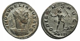 Aurelian (270-275). Radiate (21mm, 4.17g, 12h). Rome, AD 275. Radiate and cuirassed bust r. R/ Sol advancing r., holding branch and bow, trampling cap...