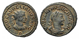 Aurelian and Vabalathus (270-275). Radiate (22mm, 3.15g, 5h). Antioch, 270-2. Radiate and cuirassed bust of Aurelian r.; Δ below. R/ Laureate, draped ...