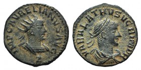 Aurelian and Vabalathus (270-275). Radiate (21mm, 3.02g, 6h). Antioch, 270-2. Radiate and cuirassed bust of Aurelian r.; Z below. R/ Laureate, draped ...