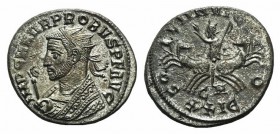 Probus (276-282). Radiate (21mm, 4.35g, 12h). Cyzicus, AD 281. Radiate bust l. in imperial mantle, holding sceptre surmounted by eagle. R/ Sol driving...