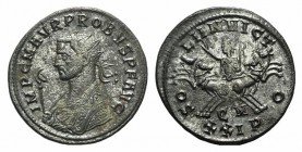 Probus (276-282). Radiate (22mm, 3.37g, 6h). Cyzicus, AD 281. Radiate bust l. in imperial mantle, holding sceptre surmounted by eagle. R/ Sol driving ...